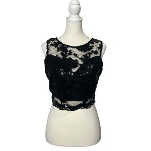 Windsor Black Lace Sequin Crop Top L Sheer Mesh Floral Party Club Going Out Top